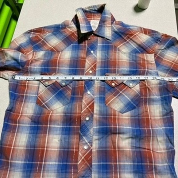 Rustler Wrangler Mens Plaid Western Pearl Snap Shirt Blue Orange Metallic Medium - Picture 13 of 13